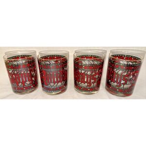 Vintage Houze Glass Happy Holidays Tumblers Set 4 MCM Red Black Barware